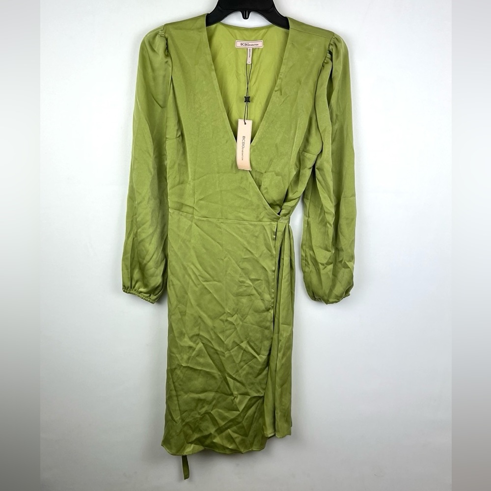 BCBGeneration Women’s Green Long Sleeve Knee Length Wrap Dress Size 4
